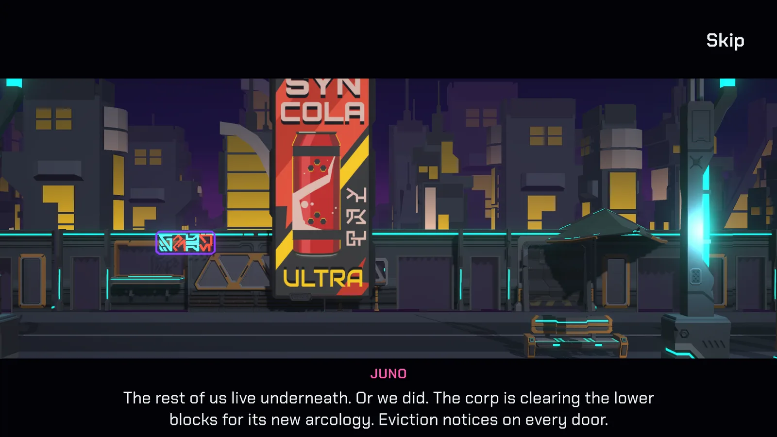 A frame of Juno's story: the lower street at night under a soda billboard, with Juno's line about the eviction notices