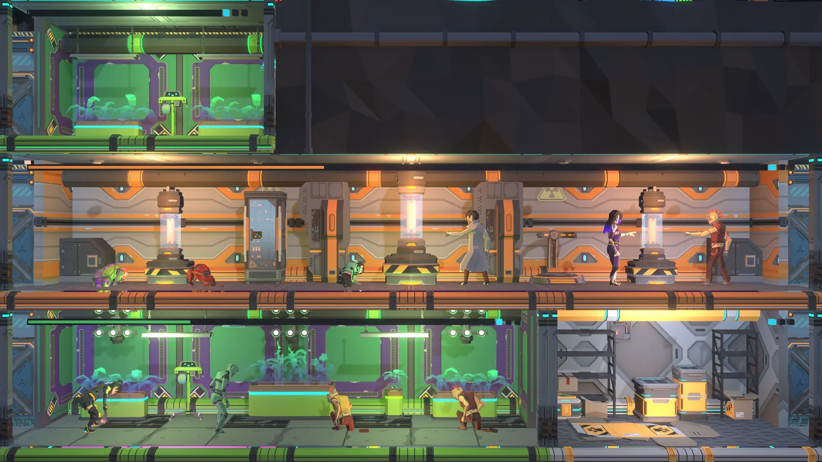 A triple reactor with its workers, a vat farm above and another below