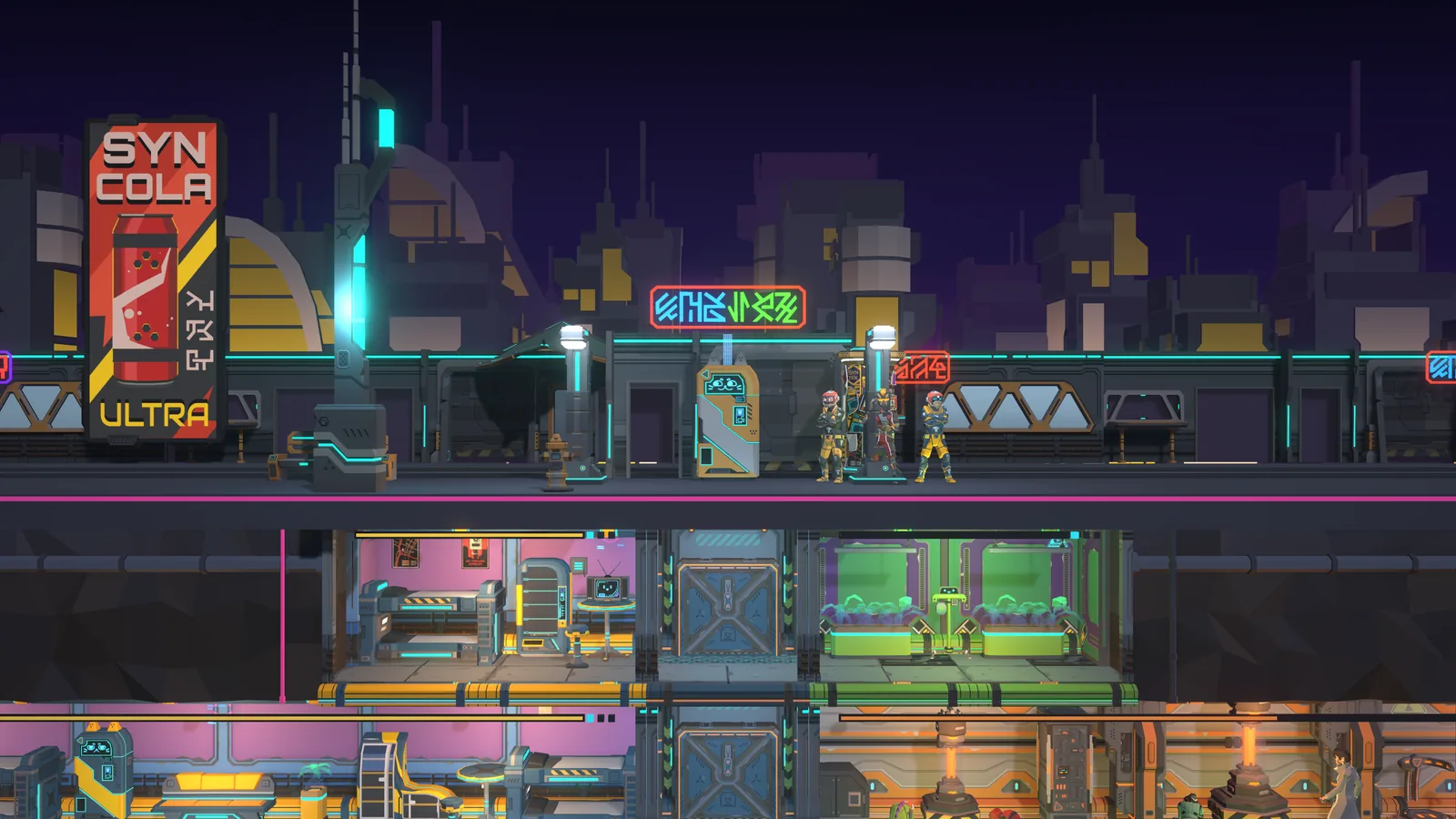The street at night over the shelter, a soda billboard and neon signs above the first rooms